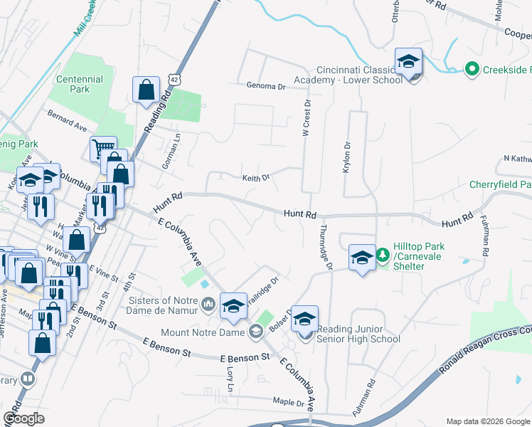 map of restaurants, bars, coffee shops, grocery stores, and more near 1904 Hunt Road in Reading
