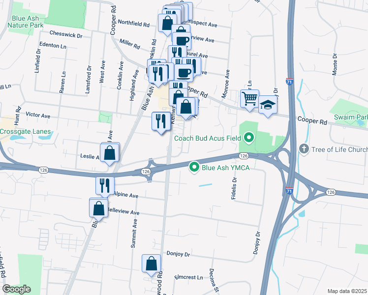 map of restaurants, bars, coffee shops, grocery stores, and more near 4870 Hunt Road in Blue Ash