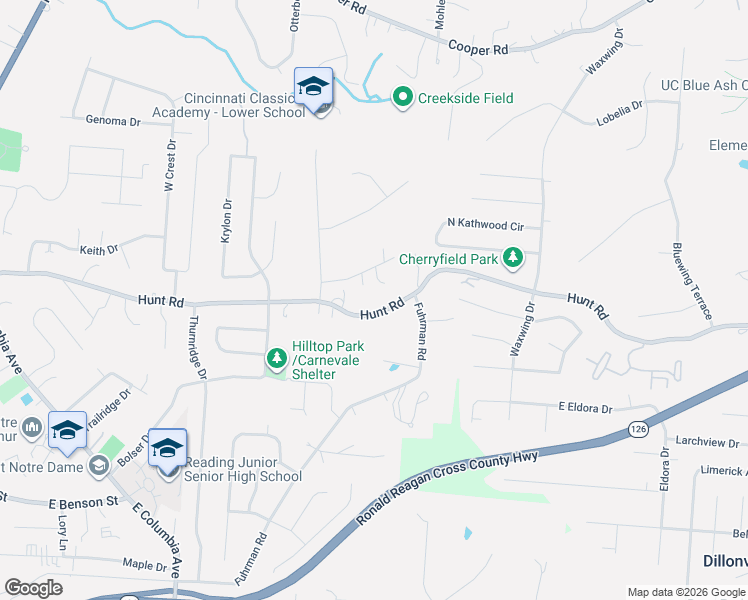 map of restaurants, bars, coffee shops, grocery stores, and more near 2439 Hunt Road in Cincinnati