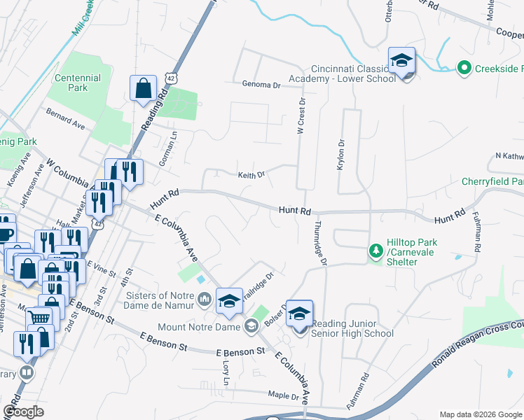 map of restaurants, bars, coffee shops, grocery stores, and more near 1904 Hunt Road in Reading