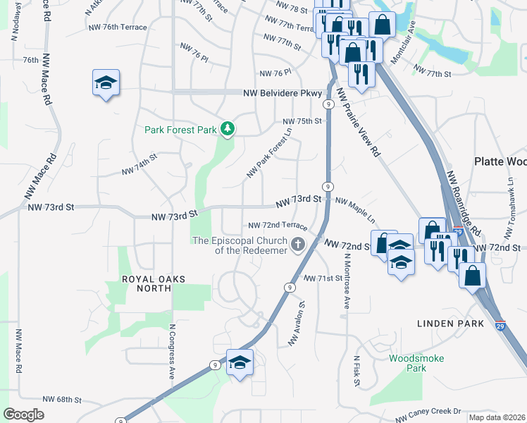 map of restaurants, bars, coffee shops, grocery stores, and more near 7108 Northwest 72nd Terrace in Kansas City