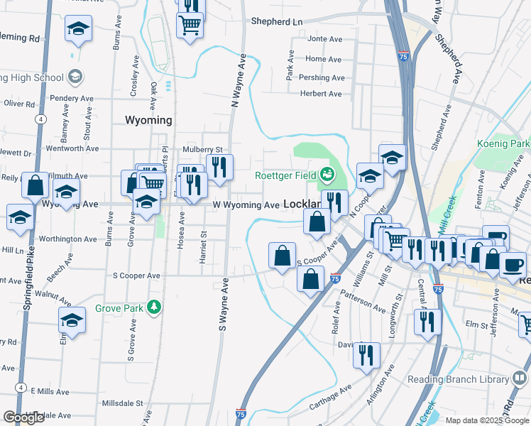 map of restaurants, bars, coffee shops, grocery stores, and more near 455 West Wyoming Avenue in Cincinnati