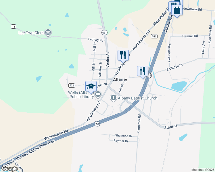 map of restaurants, bars, coffee shops, grocery stores, and more near 5238 Washington Road in Albany