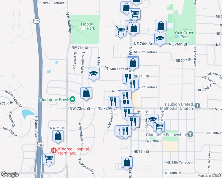 map of restaurants, bars, coffee shops, grocery stores, and more near 103 Northeast 73rd Street in Kansas City