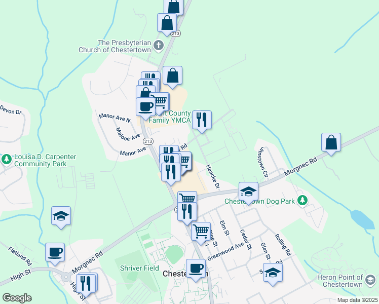 map of restaurants, bars, coffee shops, grocery stores, and more near 125 Scheeler Road in Chestertown