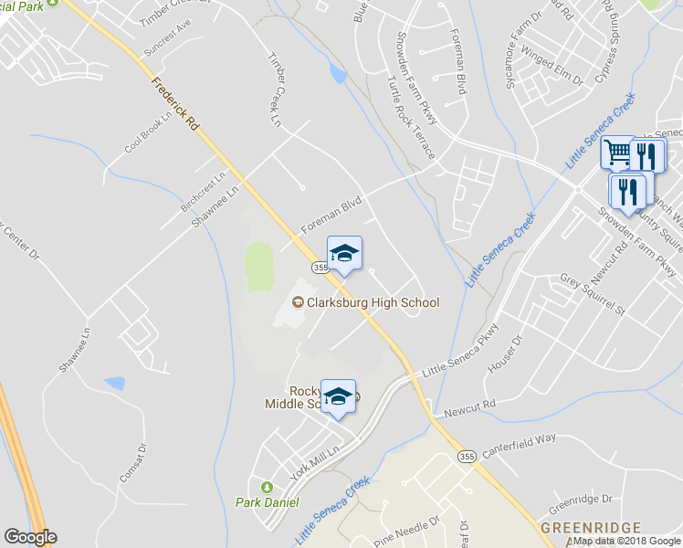 map of restaurants, bars, coffee shops, grocery stores, and more near 22605 Frederick Road in Clarksburg