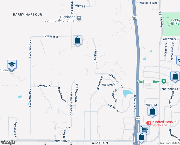 map of restaurants, bars, coffee shops, grocery stores, and more near 7307 North Liberty Street in Kansas City