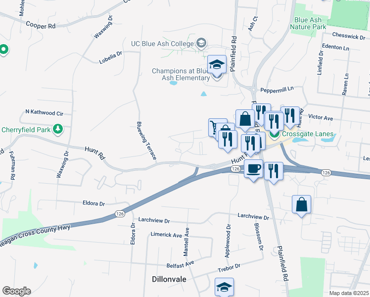 map of restaurants, bars, coffee shops, grocery stores, and more near 9210 Deercross Parkway in Cincinnati