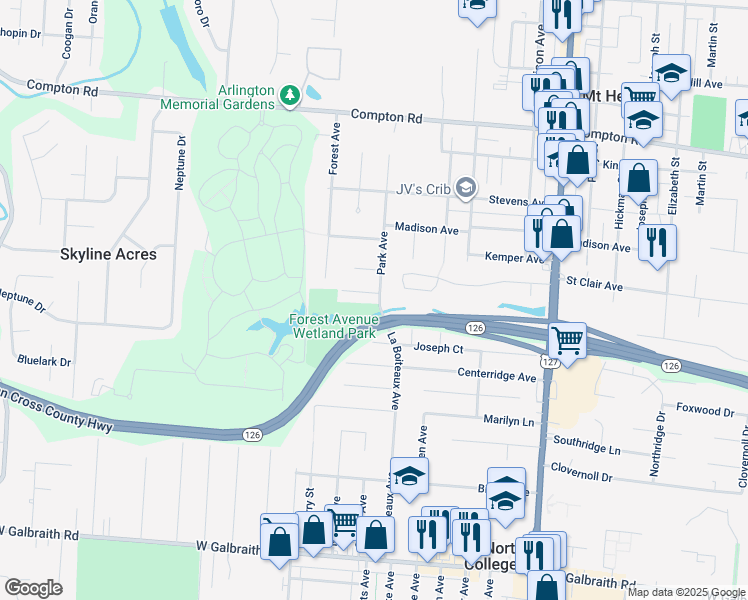 map of restaurants, bars, coffee shops, grocery stores, and more near 1951 South Lynndale Court in Cincinnati