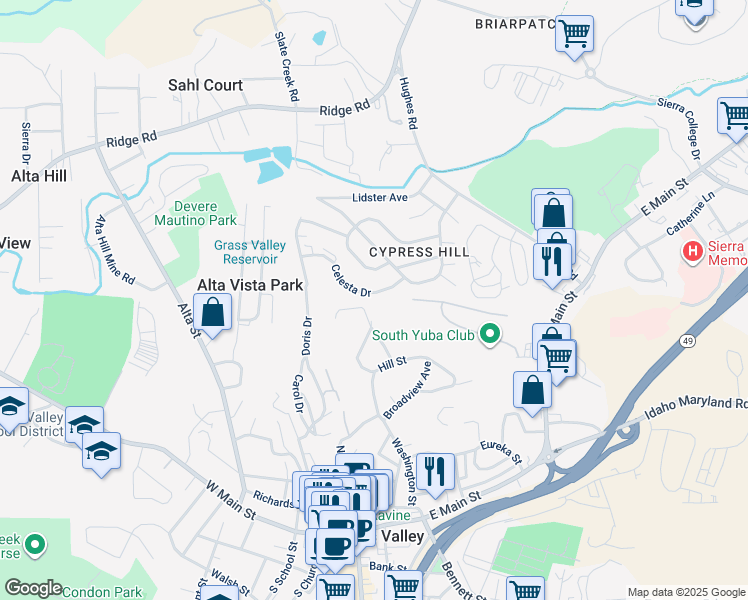 map of restaurants, bars, coffee shops, grocery stores, and more near 200 Jan Road in Grass Valley