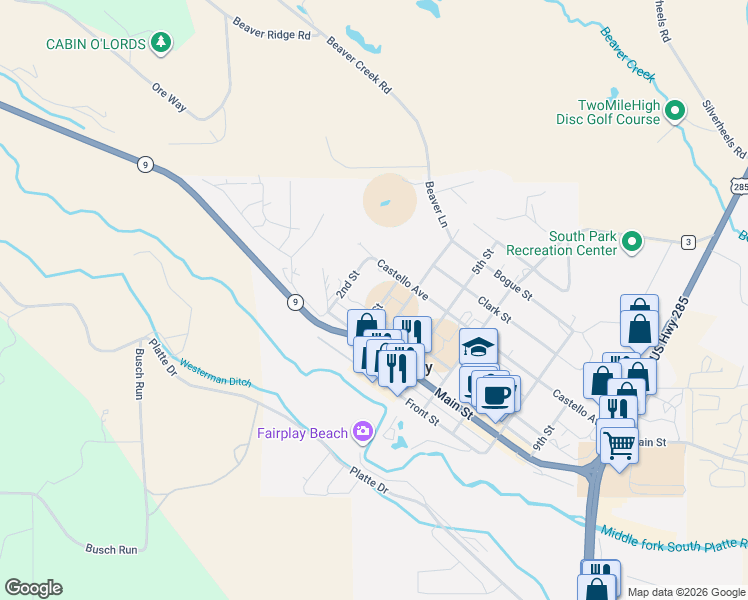 map of restaurants, bars, coffee shops, grocery stores, and more near 230 3rd Street in Fairplay