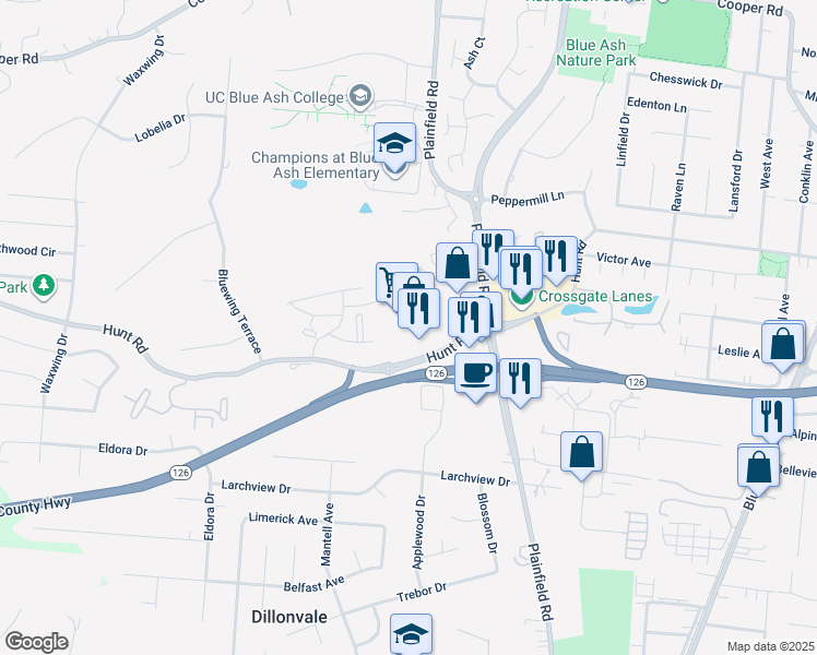 map of restaurants, bars, coffee shops, grocery stores, and more near 4100 Hunt Road in Blue Ash