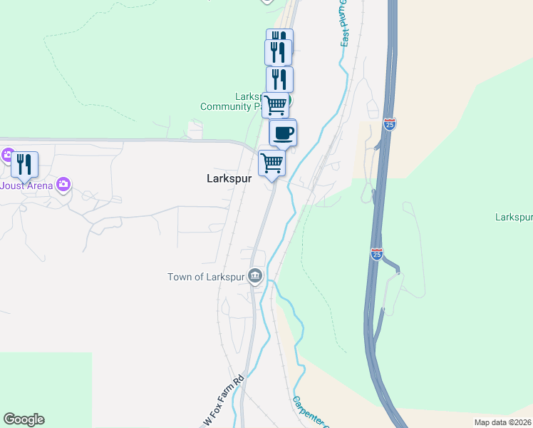 map of restaurants, bars, coffee shops, grocery stores, and more near 9283 South Spruce Mountain Road in Larkspur