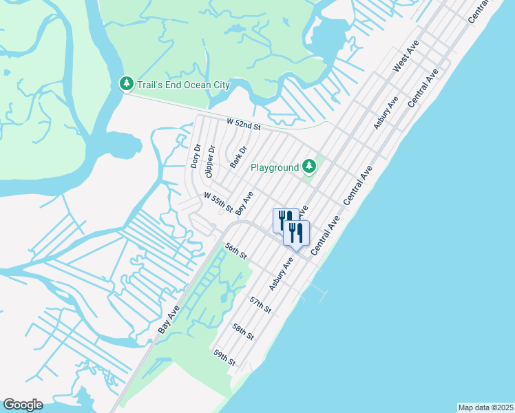 map of restaurants, bars, coffee shops, grocery stores, and more near 5417 Simpson Avenue in Ocean City