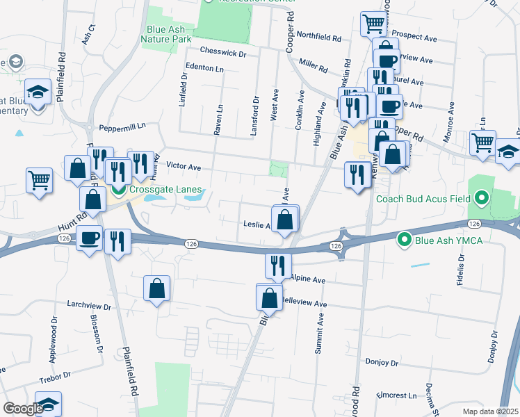 map of restaurants, bars, coffee shops, grocery stores, and more near 4525 Ellman Avenue in Cincinnati