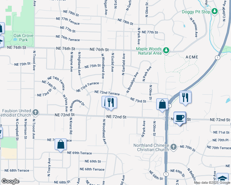 map of restaurants, bars, coffee shops, grocery stores, and more near 2008 Northeast 72nd Terrace in Gladstone