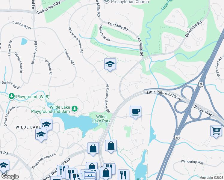 map of restaurants, bars, coffee shops, grocery stores, and more near 5231 West Running Brook Road in Columbia