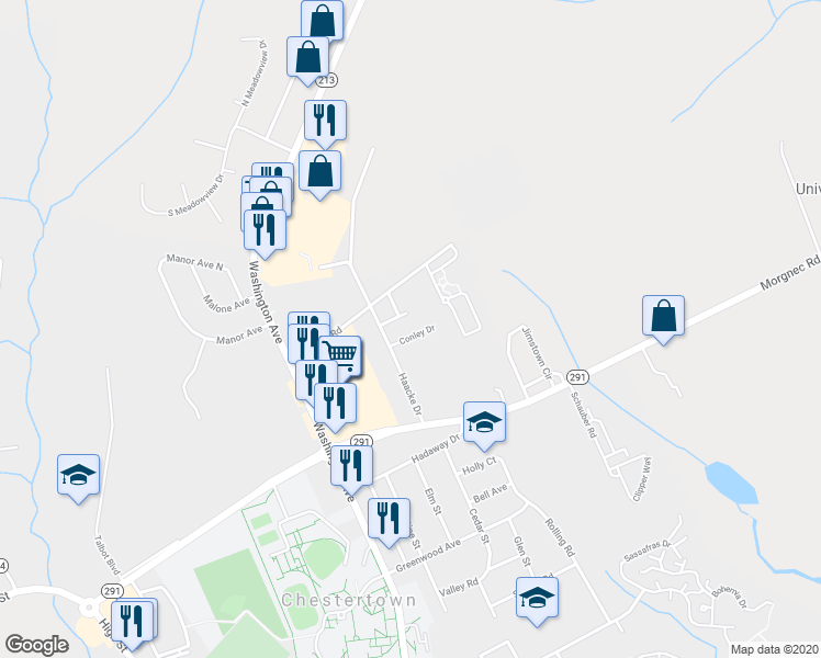 map of restaurants, bars, coffee shops, grocery stores, and more near 114 Conley Drive in Chestertown