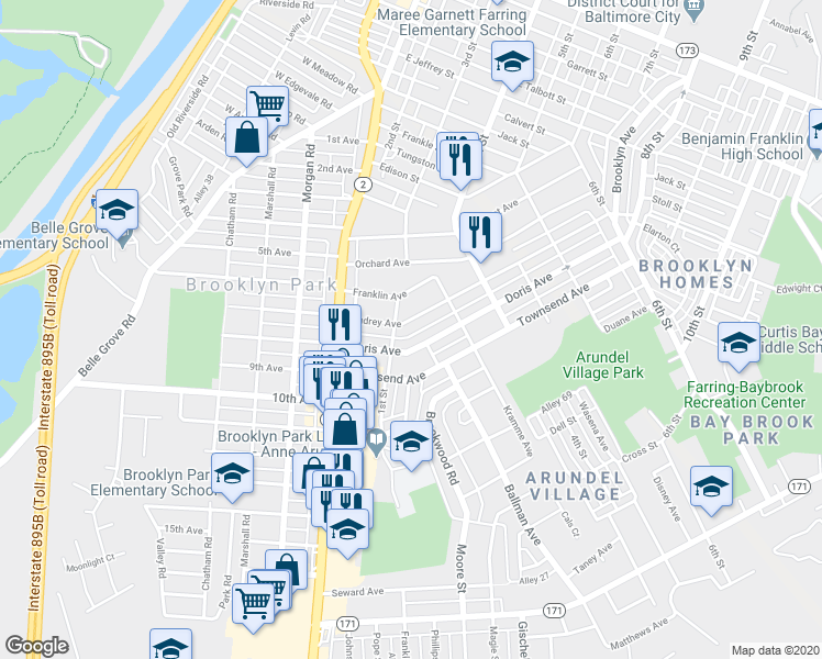 map of restaurants, bars, coffee shops, grocery stores, and more near 207 Audrey Avenue in Baltimore