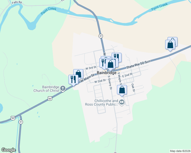 map of restaurants, bars, coffee shops, grocery stores, and more near 102 Harris Street in Bainbridge