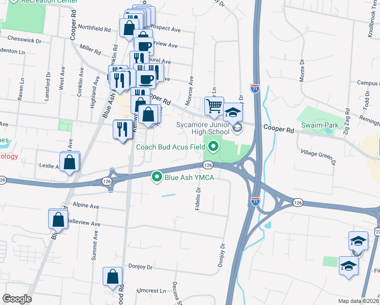 map of restaurants, bars, coffee shops, grocery stores, and more near 5355 Cooper Road in Blue Ash