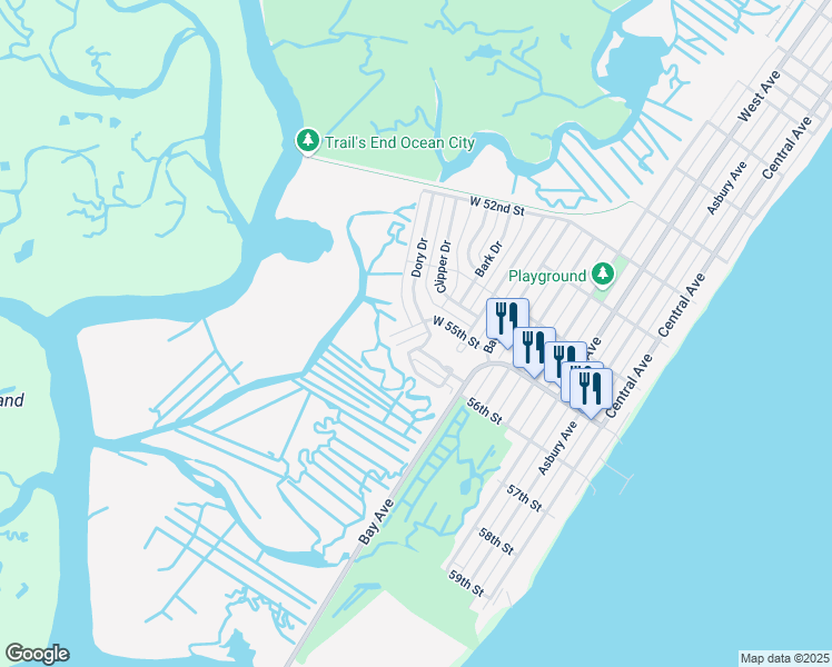 map of restaurants, bars, coffee shops, grocery stores, and more near 44 South Inlet Drive in Ocean City