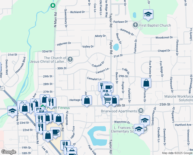 map of restaurants, bars, coffee shops, grocery stores, and more near 3809 Camelot Lane in Columbus