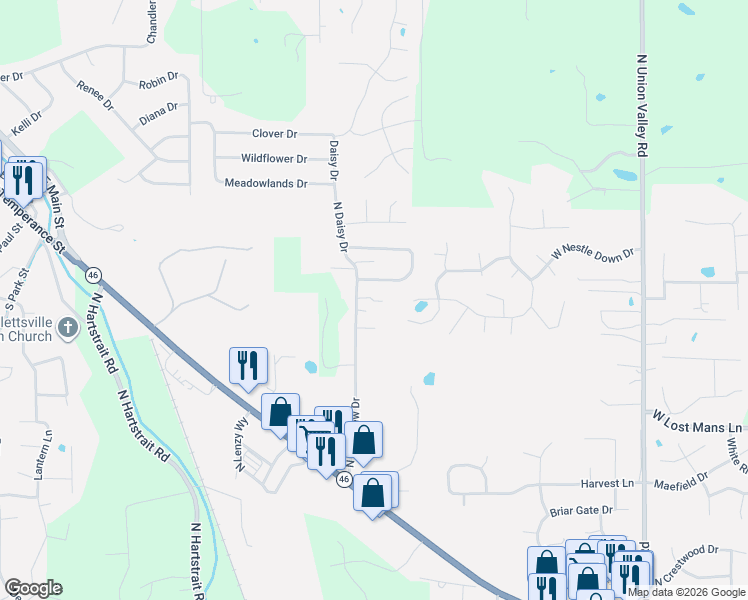 map of restaurants, bars, coffee shops, grocery stores, and more near 5380 North Lakeview Drive in Bloomington