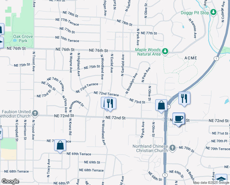map of restaurants, bars, coffee shops, grocery stores, and more near 2008 Northeast 72nd Terrace in Gladstone