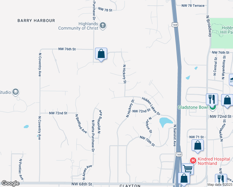 map of restaurants, bars, coffee shops, grocery stores, and more near 7307 North Liberty Street in Kansas City
