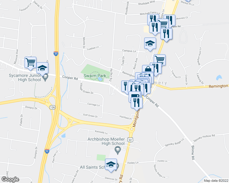 map of restaurants, bars, coffee shops, grocery stores, and more near 7717 Cooper Road in Cincinnati