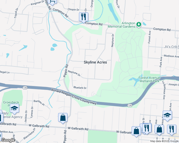 map of restaurants, bars, coffee shops, grocery stores, and more near 8578 Sunlight Drive in Cincinnati