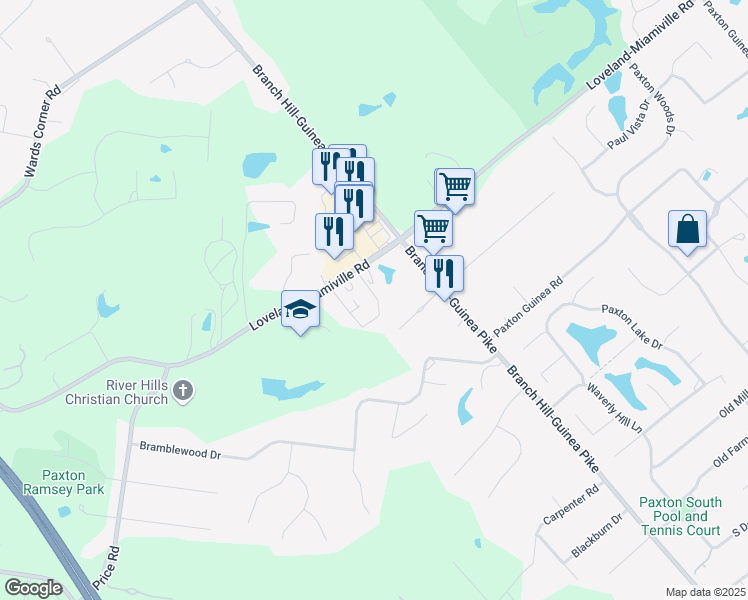 map of restaurants, bars, coffee shops, grocery stores, and more near 767 Loveland-Miamiville Road in Loveland