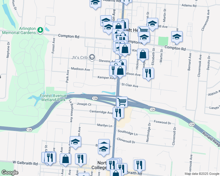 map of restaurants, bars, coffee shops, grocery stores, and more near 1667 Lakenoll Dr in Mt Healthy