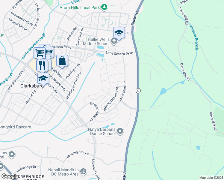 map of restaurants, bars, coffee shops, grocery stores, and more near 22837 Glacier Lily Drive in Clarksburg
