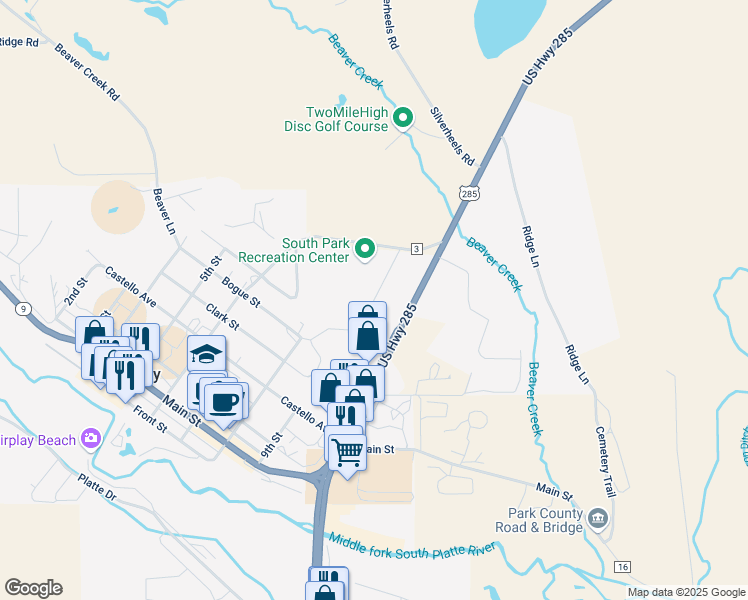 map of restaurants, bars, coffee shops, grocery stores, and more near 1139 Bullet Road in Fairplay