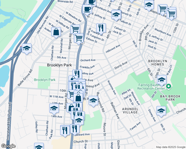 map of restaurants, bars, coffee shops, grocery stores, and more near 207 Audrey Avenue in Baltimore