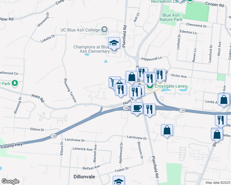 map of restaurants, bars, coffee shops, grocery stores, and more near 4100 Hunt Road in Blue Ash