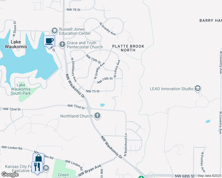 map of restaurants, bars, coffee shops, grocery stores, and more near 3813 Northwest 73 Street in Kansas City