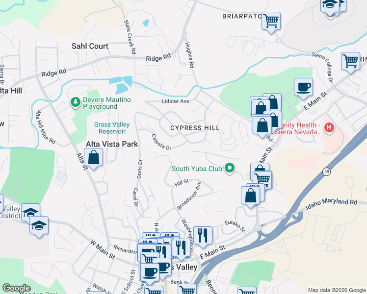 map of restaurants, bars, coffee shops, grocery stores, and more near 209 Celesta Drive in Grass Valley