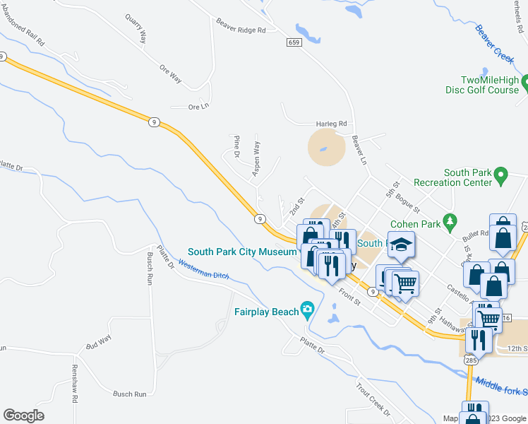 map of restaurants, bars, coffee shops, grocery stores, and more near 200 Main Street in Fairplay