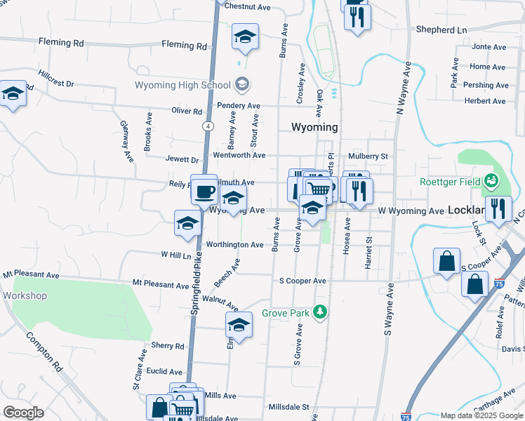 map of restaurants, bars, coffee shops, grocery stores, and more near 217 Wyoming Avenue in Wyoming