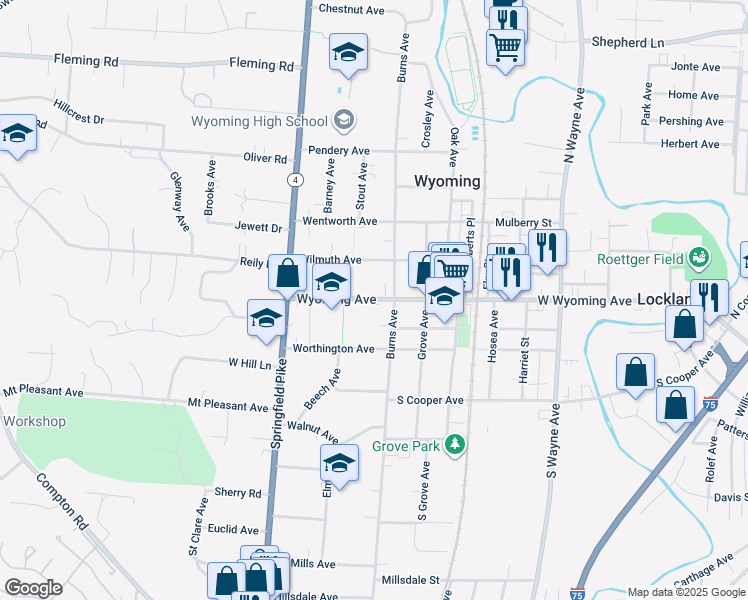 map of restaurants, bars, coffee shops, grocery stores, and more near 217 Wyoming Avenue in Wyoming