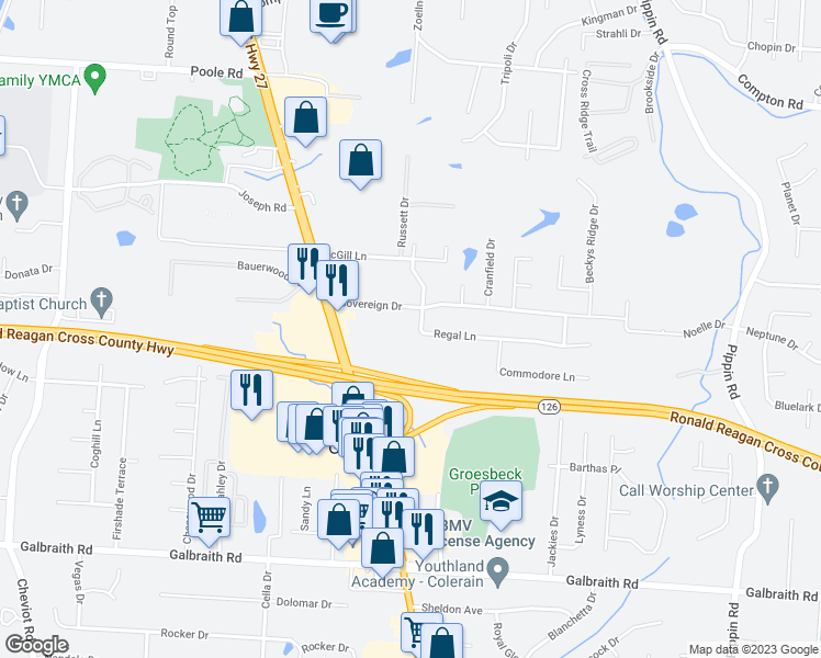map of restaurants, bars, coffee shops, grocery stores, and more near 3169 Regal Lane in Groesbeck