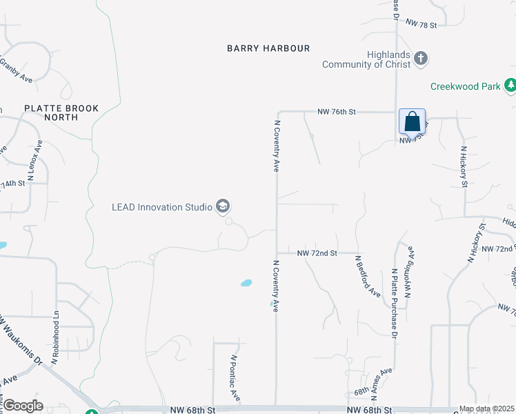 map of restaurants, bars, coffee shops, grocery stores, and more near 7200 North Coventry Avenue in Kansas City