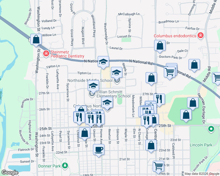 map of restaurants, bars, coffee shops, grocery stores, and more near 1400 27th Street in Columbus