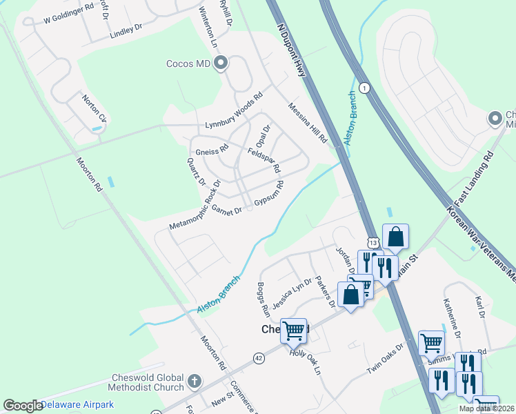 map of restaurants, bars, coffee shops, grocery stores, and more near Mudstone Road in Dover
