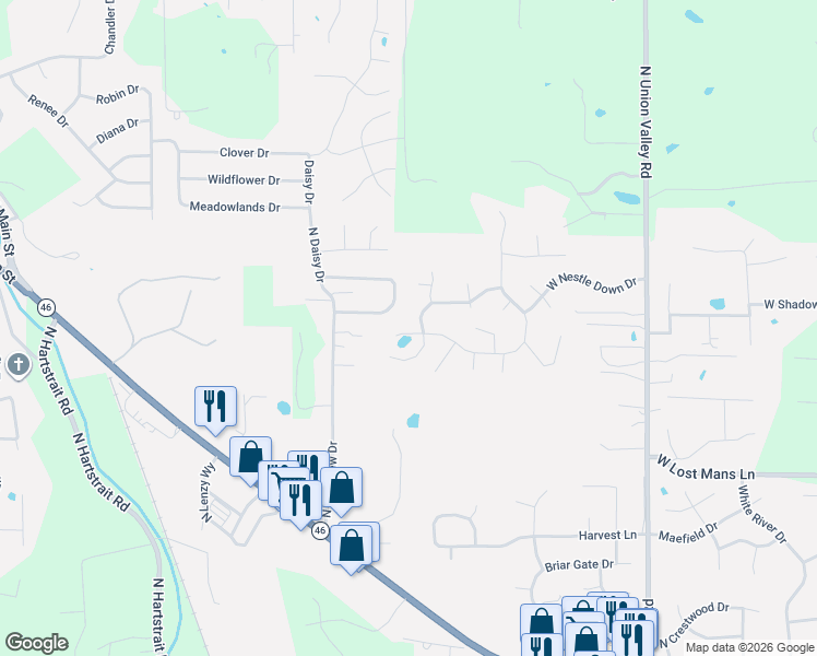 map of restaurants, bars, coffee shops, grocery stores, and more near 1116 Forest View Drive North in Ellettsville