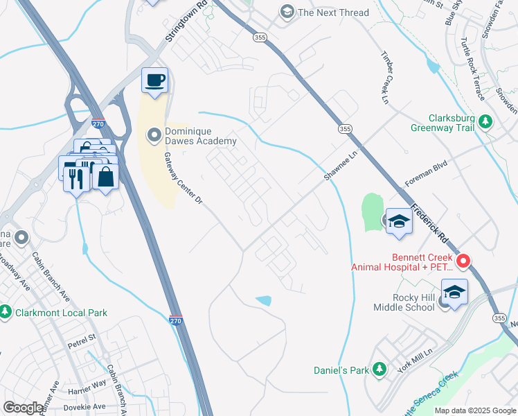 map of restaurants, bars, coffee shops, grocery stores, and more near 22616 Tate Street in Clarksburg