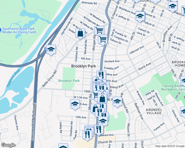 map of restaurants, bars, coffee shops, grocery stores, and more near 57 7th Avenue in Brooklyn Park